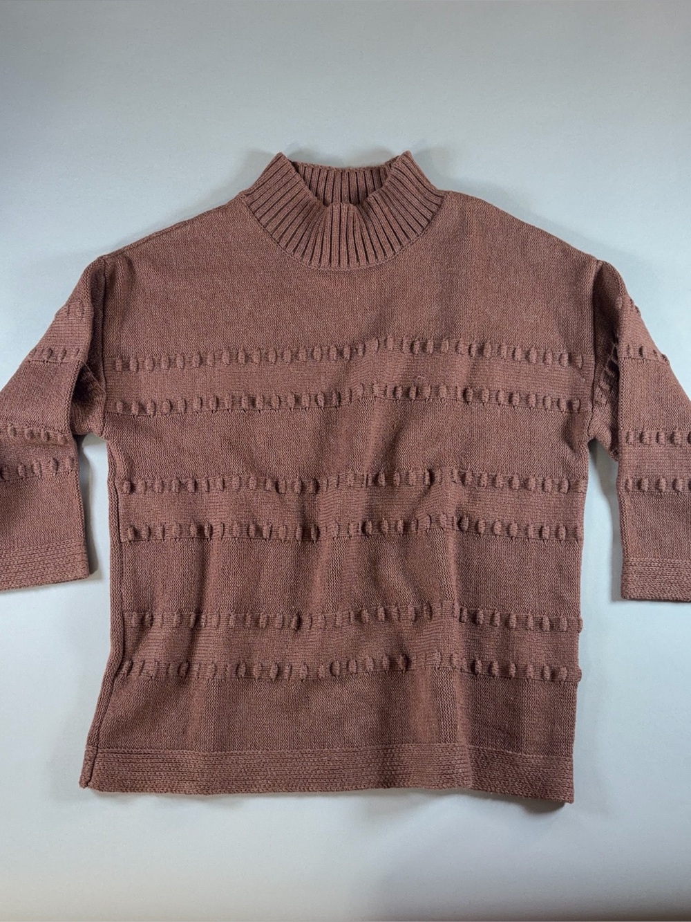 Leo & Nicole Size L Cotton Blend Mock Neck Sweater Textured Stripe 3/4 Sleeve